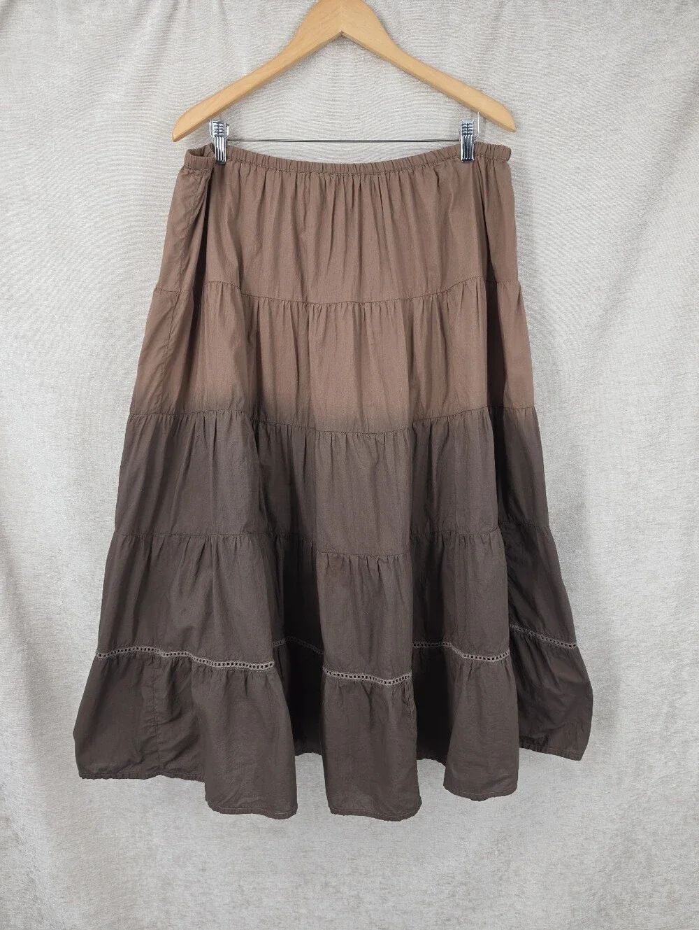 Vintage Cotton Tiered Ombre Chocolate Brown Maxi Skirt Boho Witchy